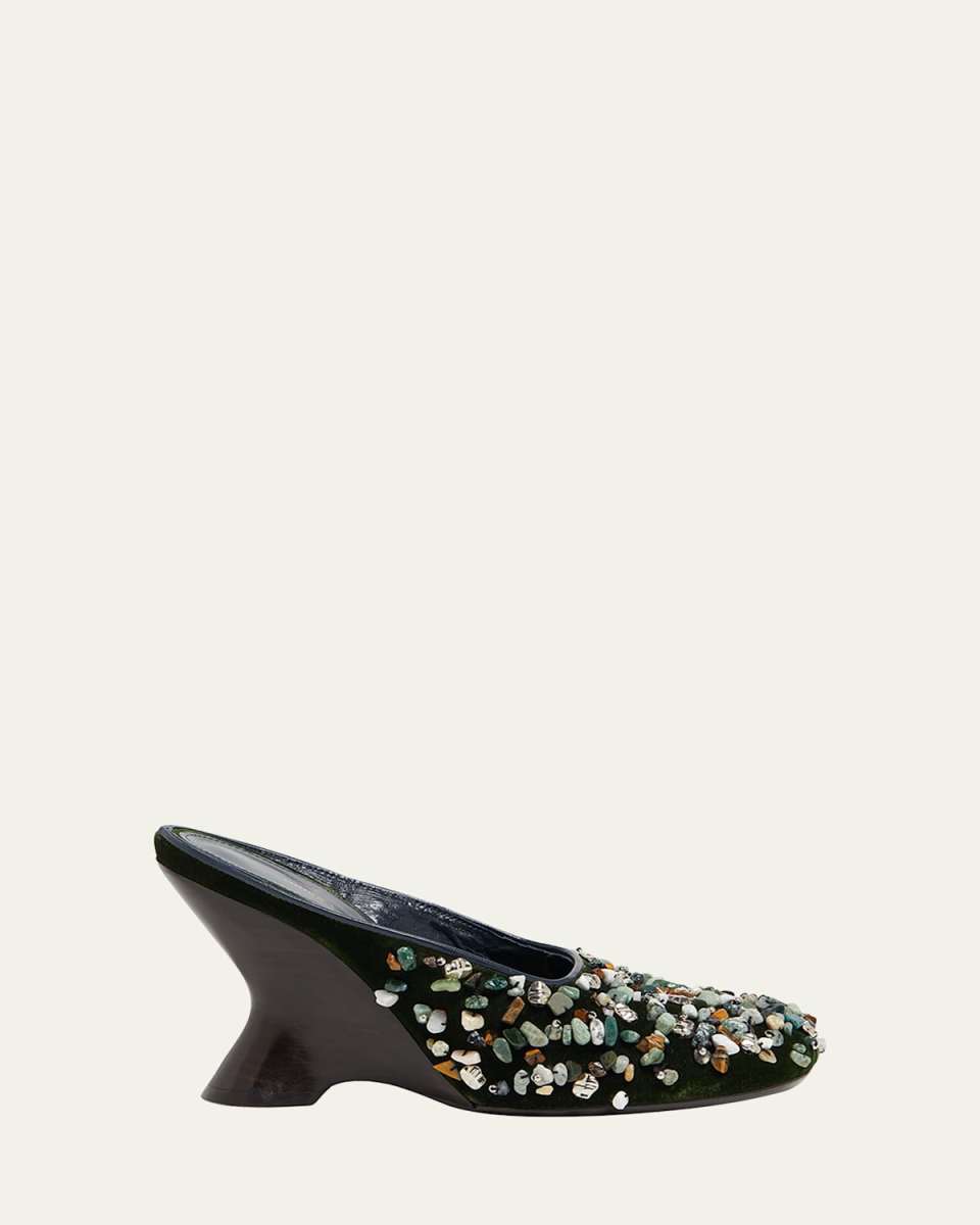 Gemstone Embellished Velvet Wedge Mules